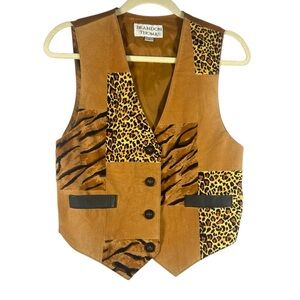 Brandon Thomas women's tan suede leather vest animal print patchwork Small
